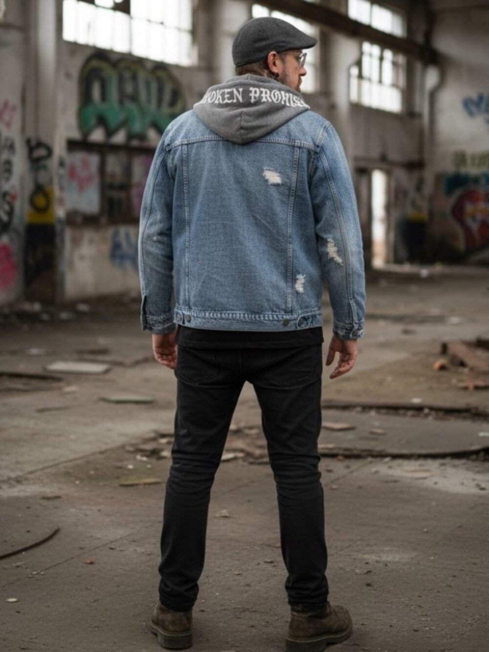 Broken Promises Men’s Distressed Denim Jean Jacket With Gray Hood Large